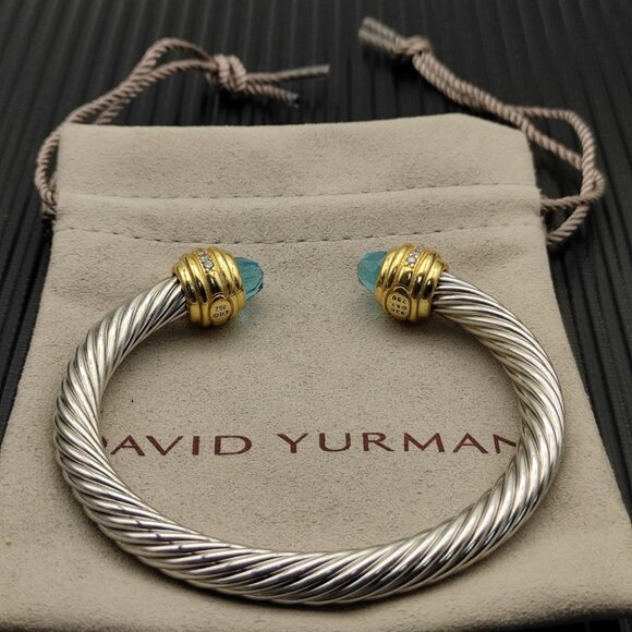 David Yurman classicsterling silver bracelet,set with blue topaz and 14K gold7mm - Picture 1 of 9